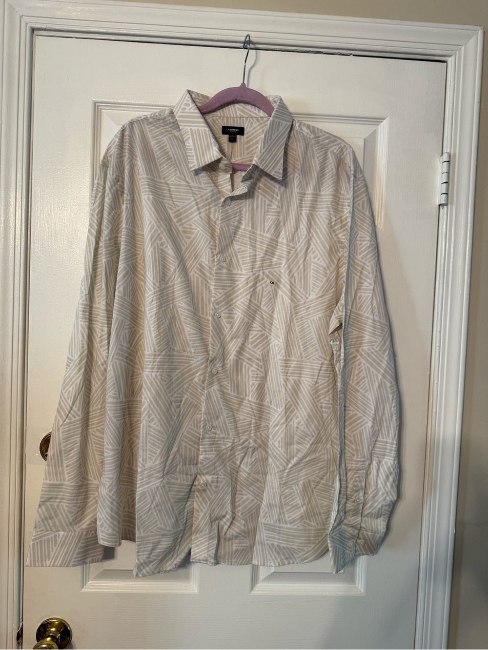 Express Men's Long Sleeve Button-Up Shirt in Beige and White